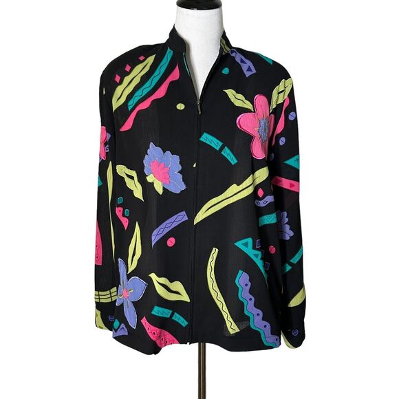 Alfred Dunner‎ Floral Bomber Jacket Women Size 8 Black Retro Neon Colorful Artsy - Picture 1 of 14